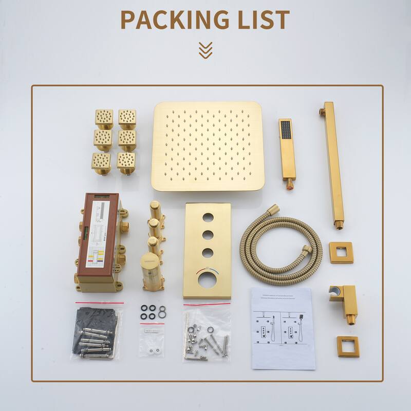 3 Functions 12 Inch Wall Mount Thermostatic Shower System in Brushed Gold