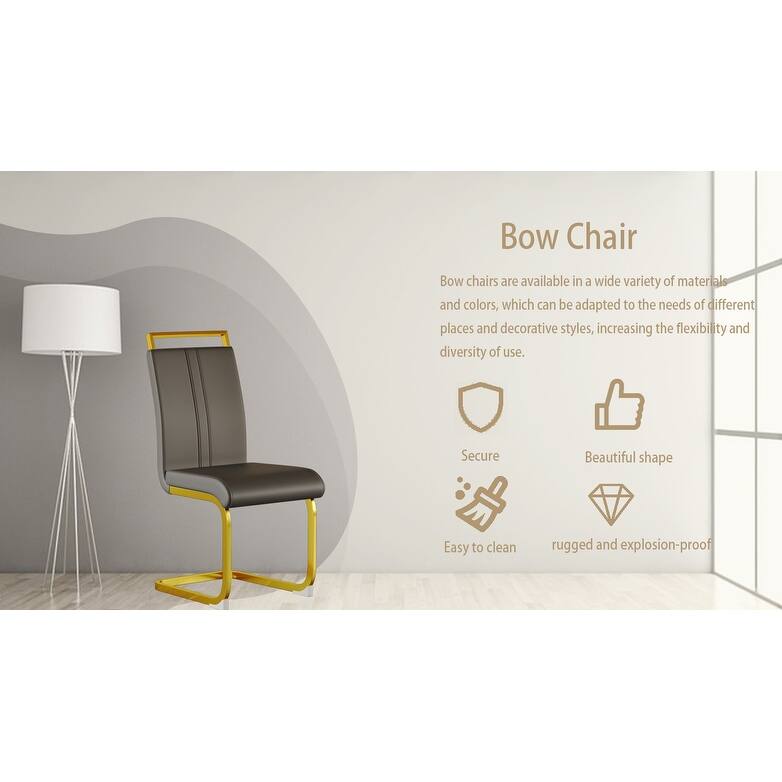 High Back Upholstered Side Chair with C-shaped Tube. Plating Golden Metal Legs (Set of 2) (Grey+PU)