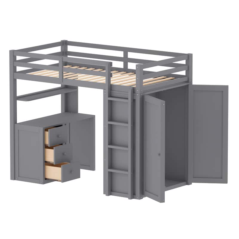 Twin size Loft Bed with Drawers,Desk,and Wardrobe