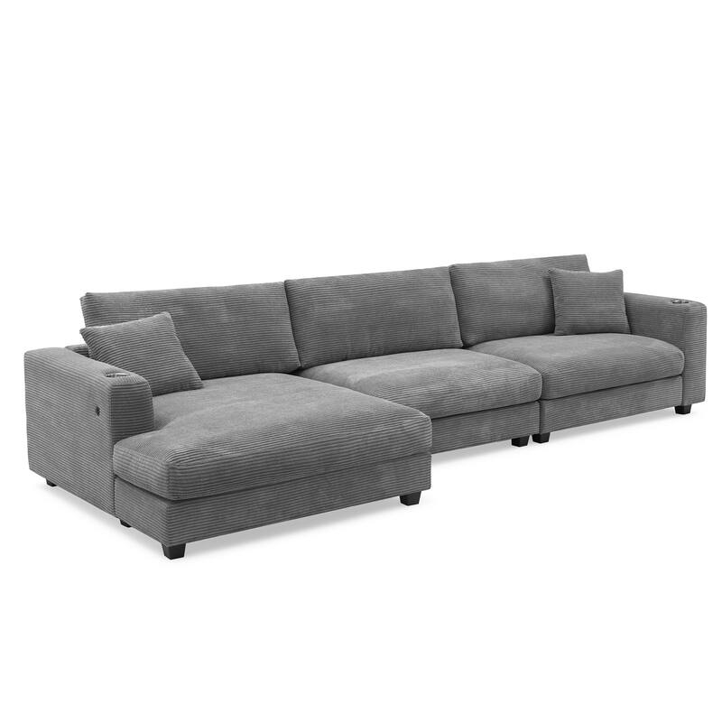 Spacious 4-Seater Corduroy Cloud Couch with Chaise, USB Charging Ports, and Cup Holders