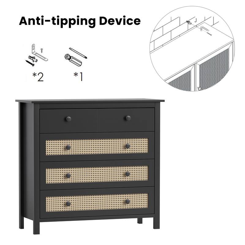 Anmytek Black 4-Drawer Rattan Sideboard Buffet Cabinet with Anti-Tipping Device Timber Frame for Kitchen,Living Room - N/A