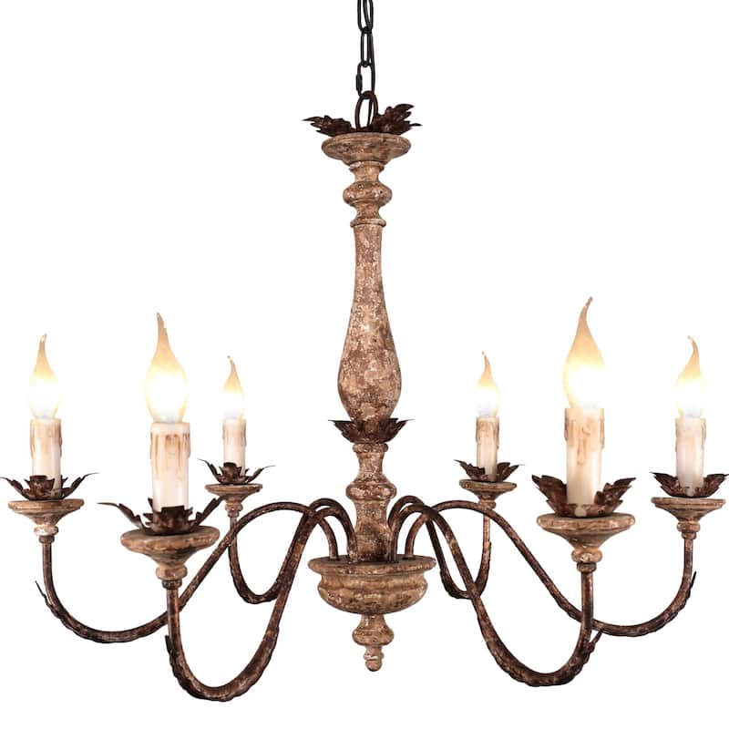 Oaks Aura French Traditional Elegant Iron and Wood Chandelier, 6-Light Rustic Bronze Pendant Lighting with Adjustable Chain
