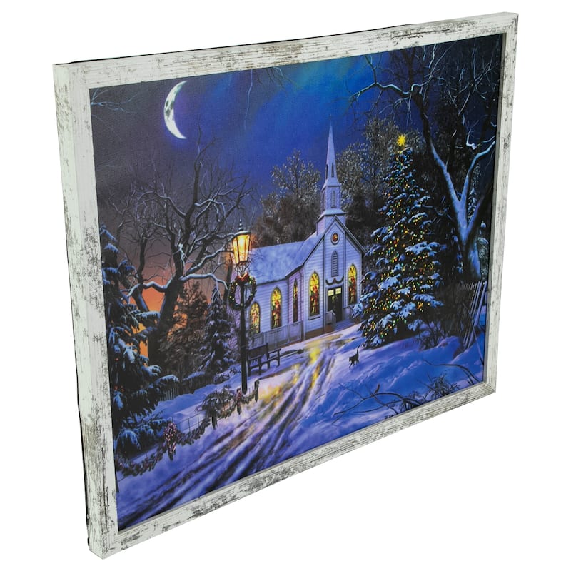 LED Lighted Church at Night Framed Christmas Canvas Wall Art 19" x 15"