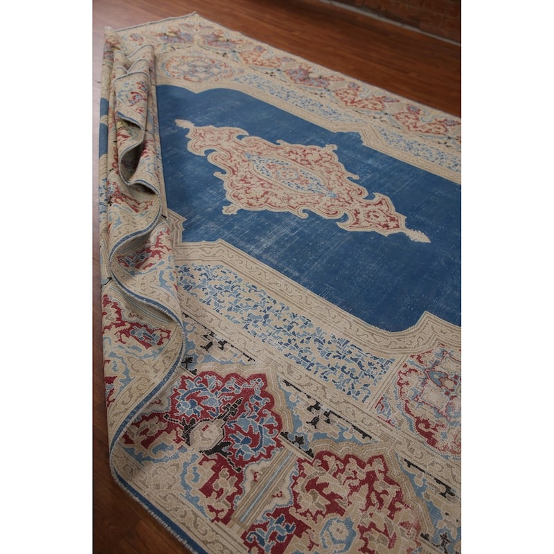 Blue Distressed Kerman Persian Vintage Area Rug Handmade Wool Carpet - 9'3" x 11'10"