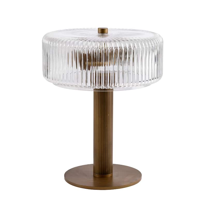 Trinia Antique Bronze Candle Stick Table Lamp with Ribbed Glass Crystal Drum Shade