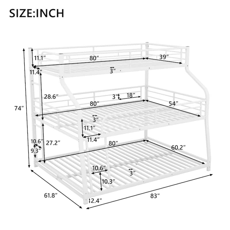 Triple Bunk Bed Twin XL/Full XL/Queen, Sturdy Metal Frame, Contemporary Design with Safety Guardrails and Built-in Ladder