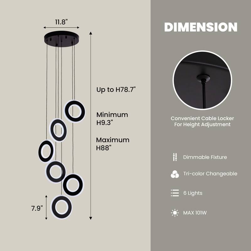 6- Light Black Chandelier for Entryway Dimmable LED Chandelier for Foyer Staircase Stairs with Remote/APP Control