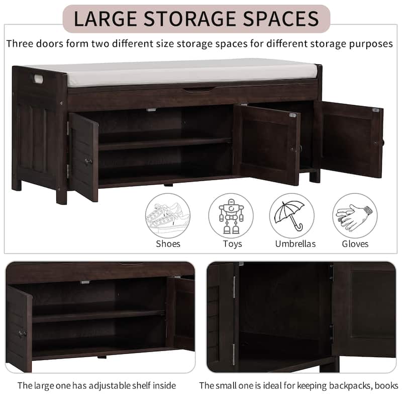 Storage Bench with 3 Doors Shoe Bench with Removable Cushion