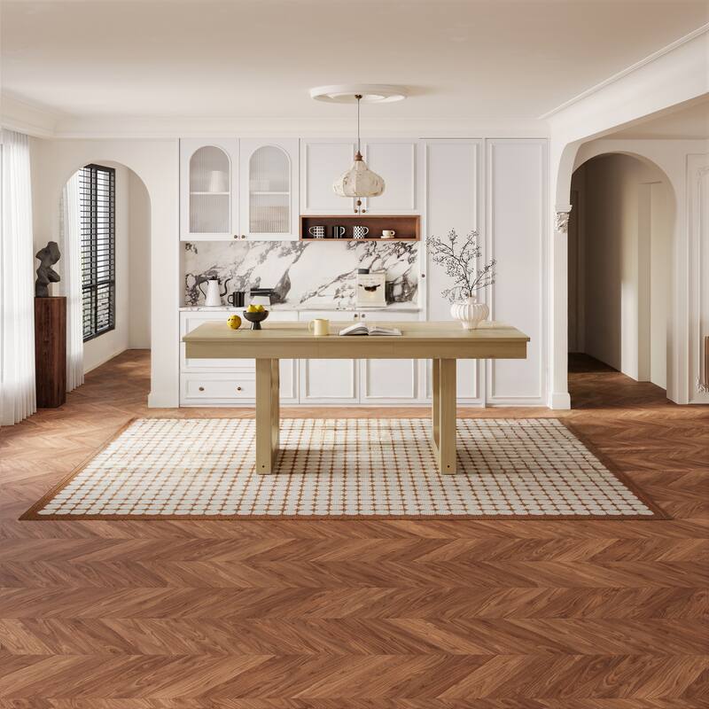 60"-78" Extendable Dining Table with Smooth Rails, Wooden Kitchen Table with Removable Leaf, Double U-Shape Base