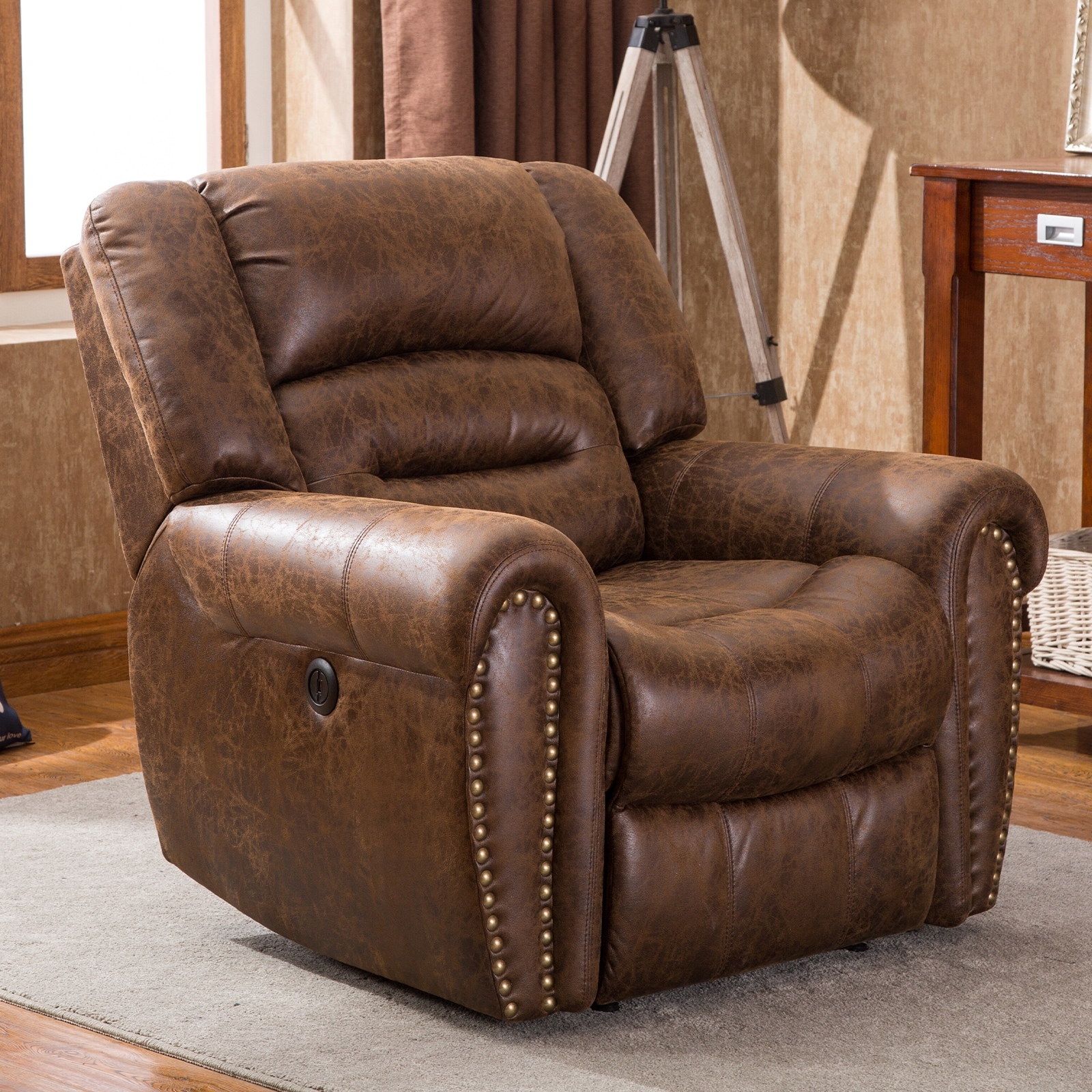 40.5" W Oversize Vegan Leather Manual Power Recliner with Nailhead Trim and USB Port