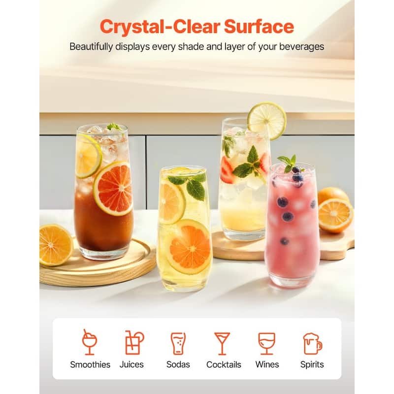 Clear Soda Lime Glass 16-Piece Drinking Set with 2 Sizes - 3.13 x 3.13 x 6.5 in