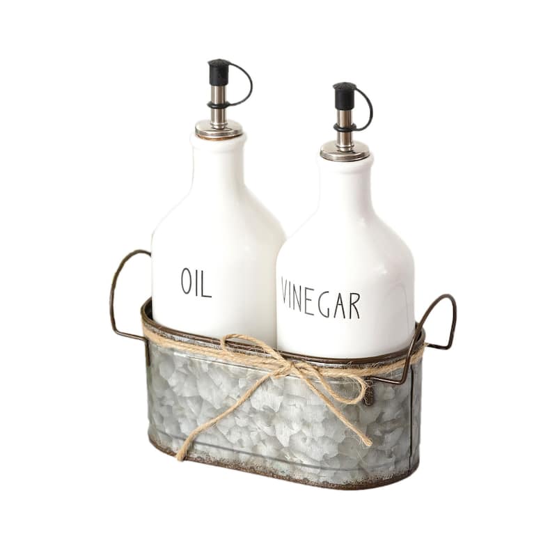 White Ceramic Oil And Vinegar Cruet Set With Galvanized Metal Holder - 8.75 X 7 X 3 inches
