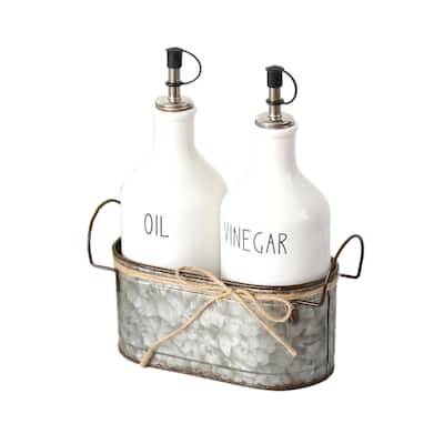 White Ceramic Oil And Vinegar Cruet Set With Galvanized Metal Holder - 8.75 X 7 X 3 inches