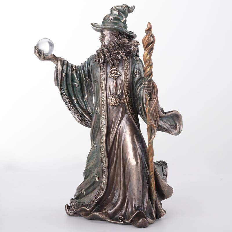 8.07 inches Height Cold Cast Bronze Wizard Holding Crystal Ball and Staff Bronze Finish Figurine