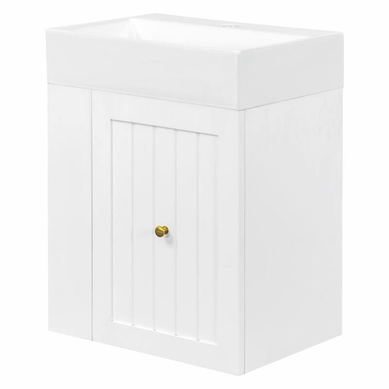 20-Inch Bathroom Vanity with Ceramic Sink - MDF Storage Cabinet with Drawer, Side Shelf and Silver Handle