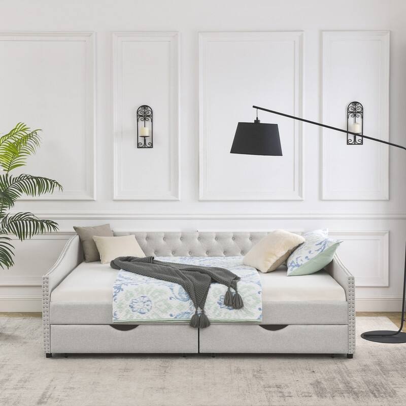 Upholstered Queen Daybed with Two Storage Drawers,Queen Size Button Tufted Sofa Bed Daybed