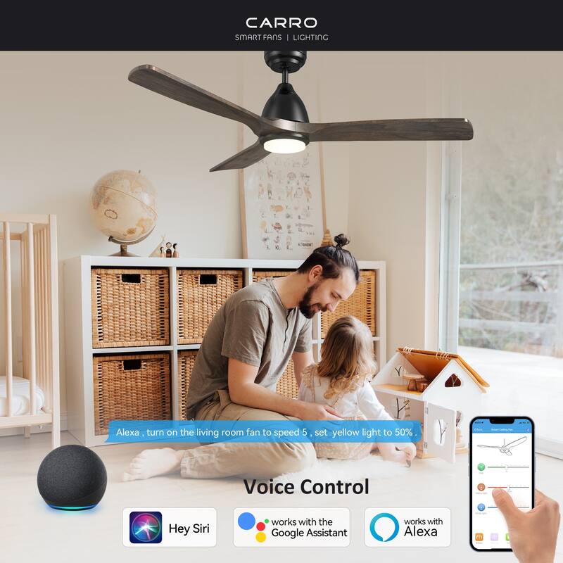 CARRO Abbott 48" 3-Blade Smart Ceiling Fan with LED Light Kit and Remote-Solid Wood
