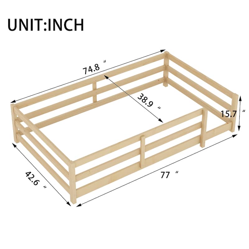 Twin Size Floor Bed, Montessori Floor Bed with Fence