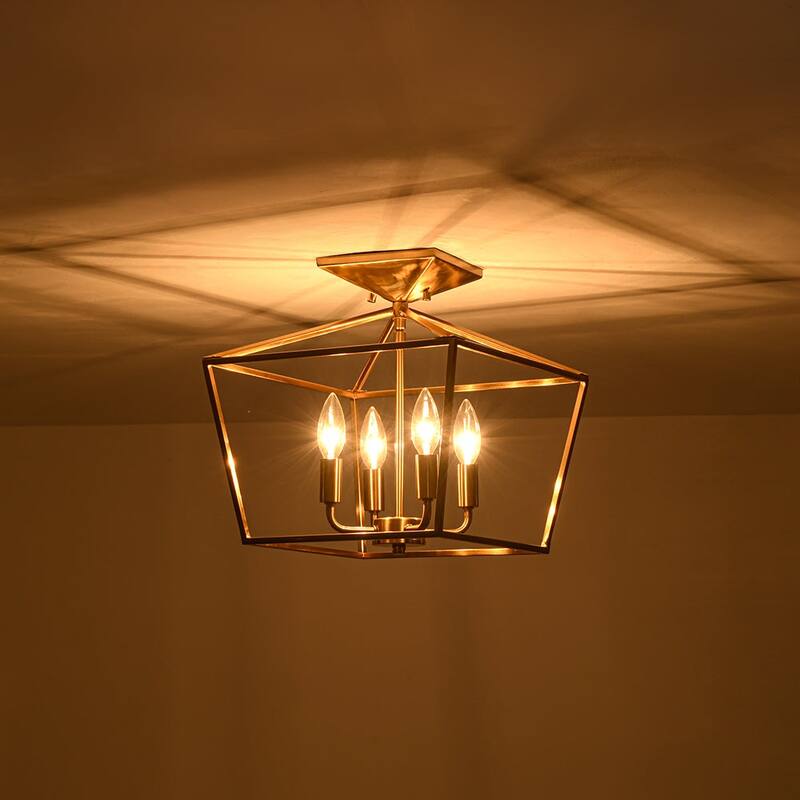 French Country Candle Iron Square Cage Semi Flush Ceiling Lantern