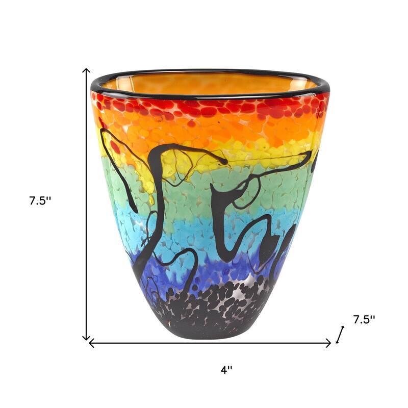 HomeRoots 8" Red Orange Blue And Black Blue Abstract Oval Murano Glass Table Vase