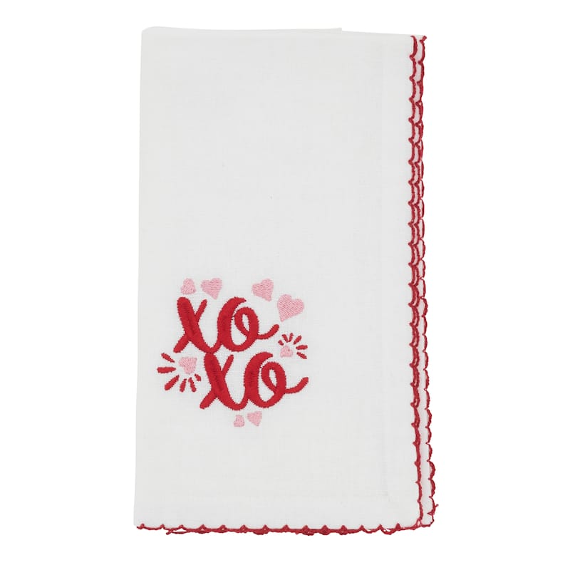 XO Placemats & Napkins (Set of 8) - Embroidered Valentine's Table Linens with Scalloped Red Trim, 13"x19" / 18"x18"