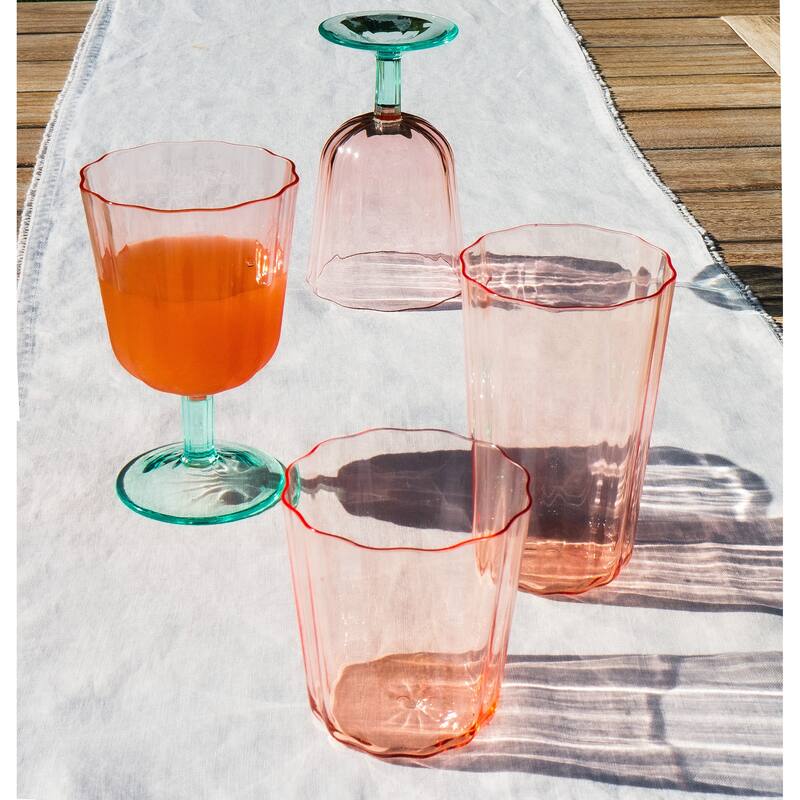 Abode Homewares Simple Scallop Acrylic Wine Glass - Pink & Green - 17 oz - Set of 6