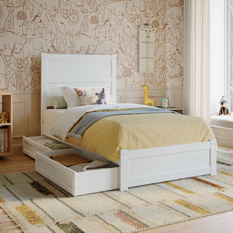 Aveline Wood Platform Bed with Matching Footboard & Storage Drawers - Twin - White