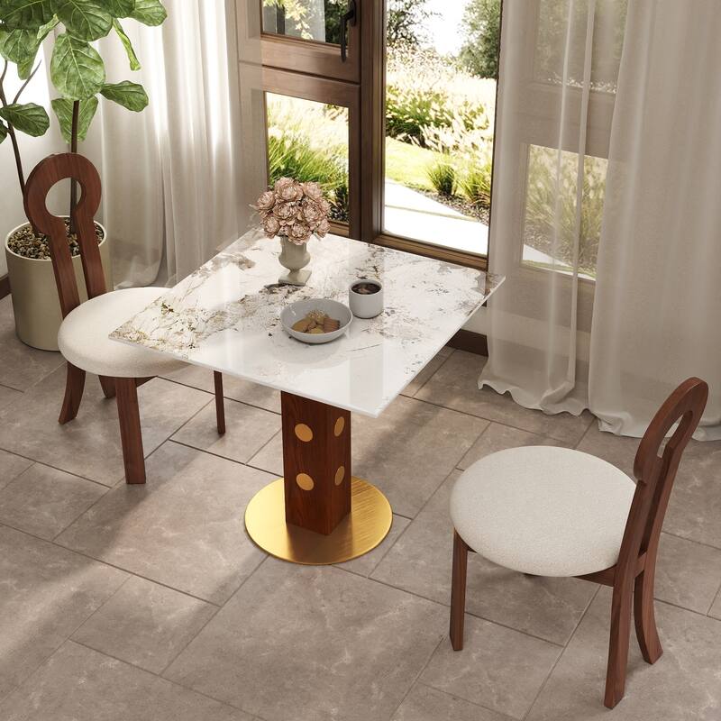 33" Retro Square Glass & Sintered Stone Tabletop Dining Table with Solid Wood Pedestal - Marble Tabletop-Pandora