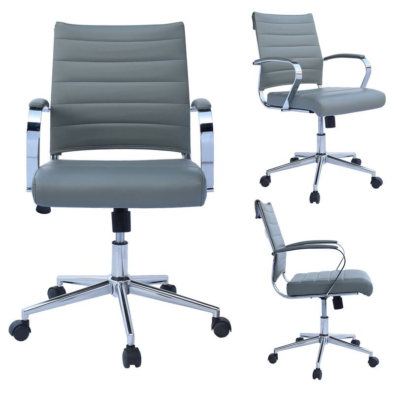 Modern Office Chair, Executive Mid-Back Conference Room Chair in PU Leather with Wheels and Arms - Gray