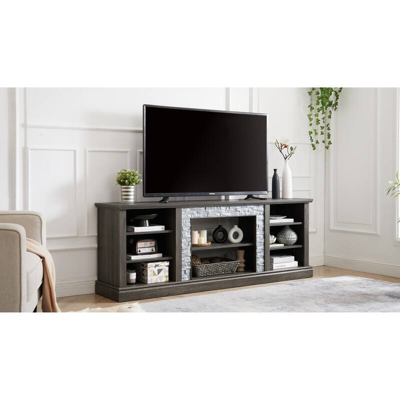 TV Media Stand with Faux Stacked Stone, Console Table with Large Storage Cabinet, Media Entertaionment Stand with Shelves