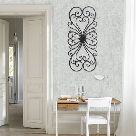 ADECO Black Scrolled Flower Metal Wall Decor Art Oblong Living Room