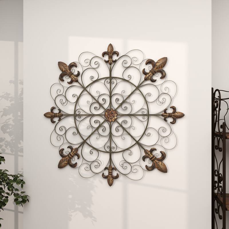 Brown Metal Medallion Fleur De Lis Home Wall Decor with Detailed Scrollwork