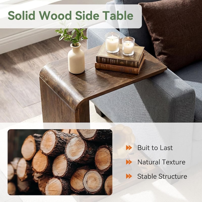C-Shaped Solid Wood End Table for Living Room, Small Space, Easy Assembly