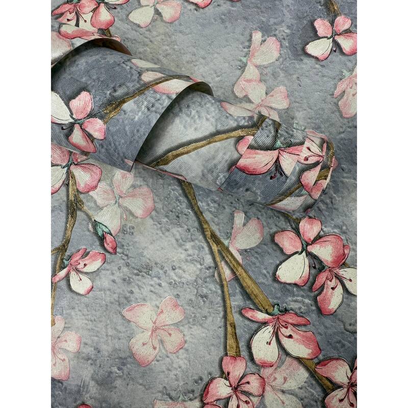 Pink Gray Cherry Blossom-Inspired Botanical Dimensional Wallpaper, Japanese Accent - Double Roll