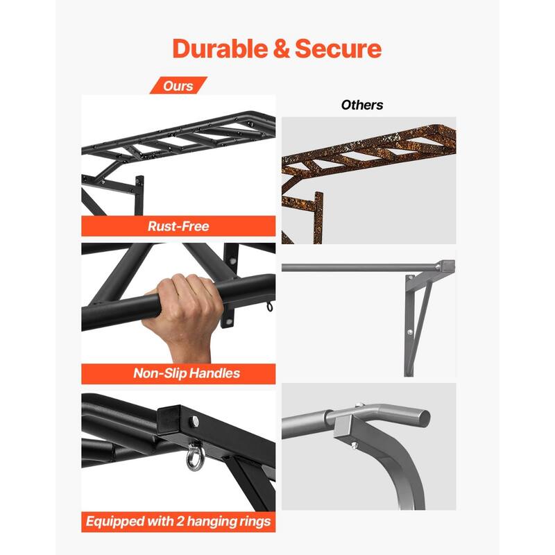Black Wall Mounted Pull Up Bar with 10 Grip Positions Heavy Duty Steel Chin Up Bar for Home or Gym - 49.61” x 23.07” x 17.95”