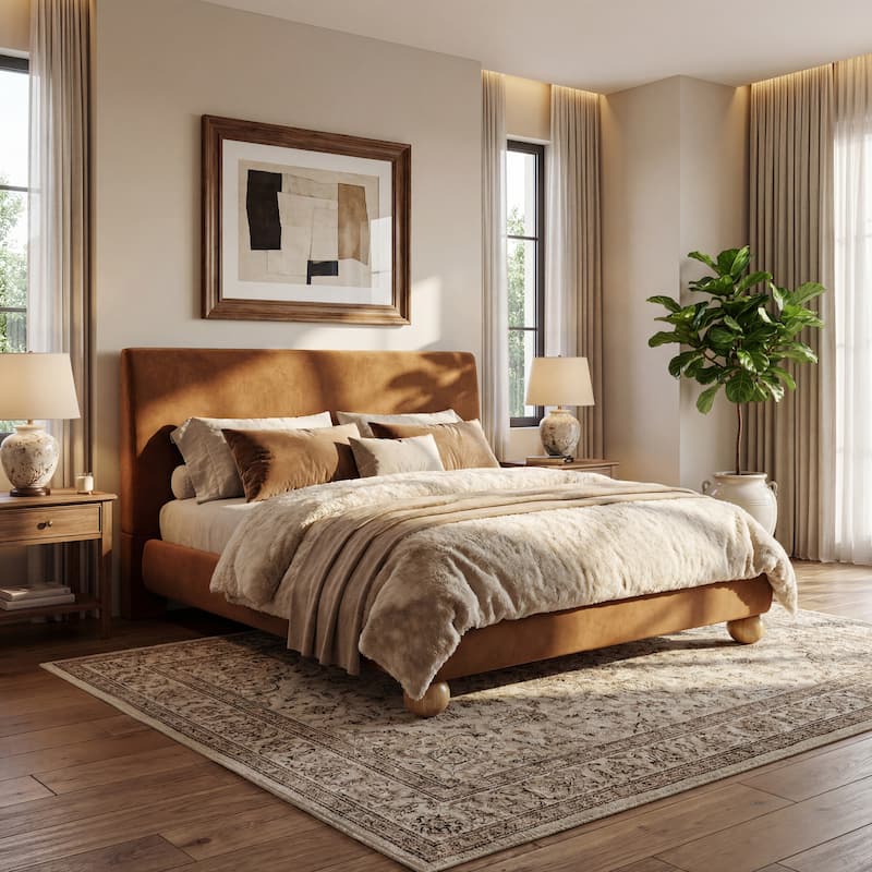 Christopher Knight Home - Modern Boucle Upholstered Platform Bed with Thick Headboard and Solid Wood Legs - Brown+Velvet - Queen