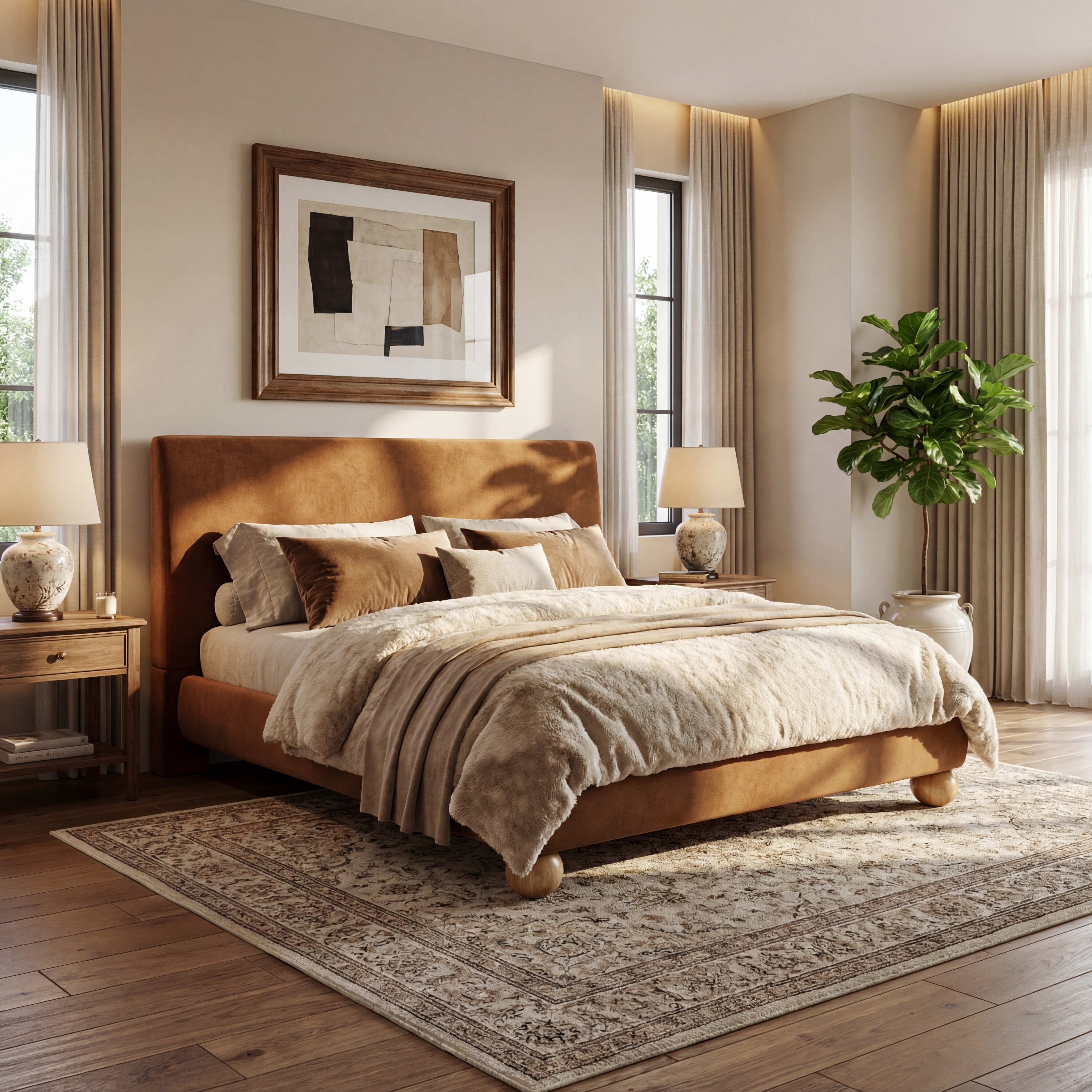 Christopher Knight Home - Modern Upholstered Platform Bed with Thick Headboard and Round Wood Legs