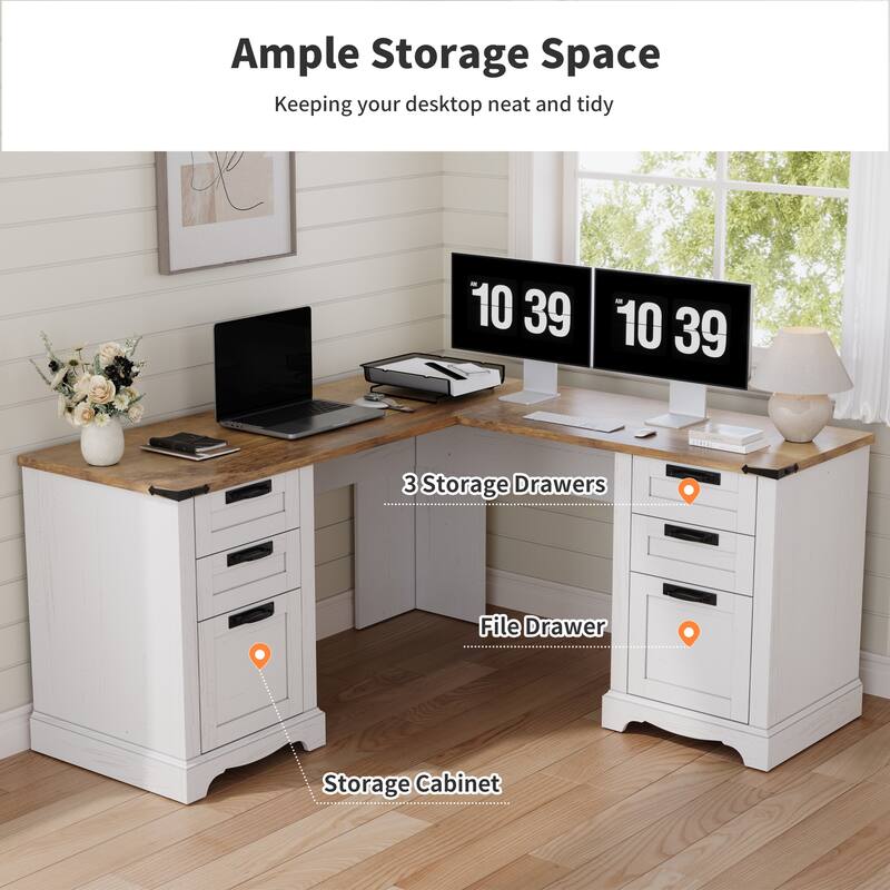 L Shaped Desk, Wood Office Desk with Charging Station, File Drawer