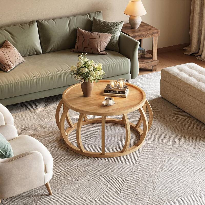 Solid Wood Round Coffee Table, 31.5-Inch Center Table for Living Room, Easy Assembly, Natural