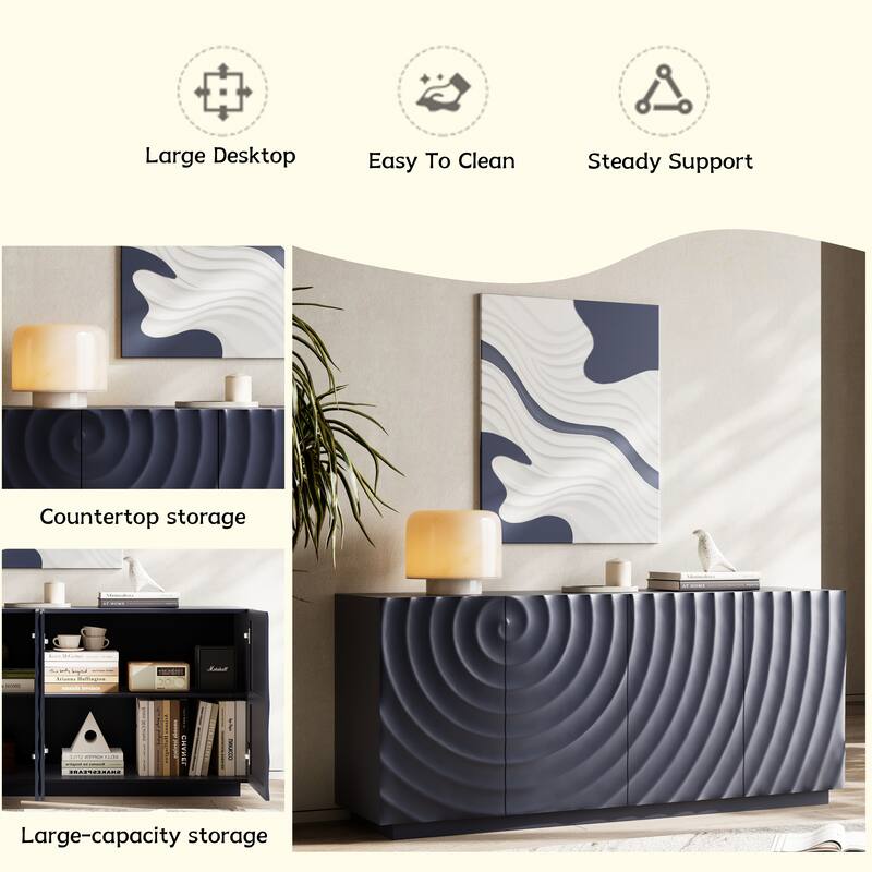 Rossetta Mid Century Modern 4-Door Wooden Exquisite Spiral-Wave Texture Cabinet with Soft-Close Hinges