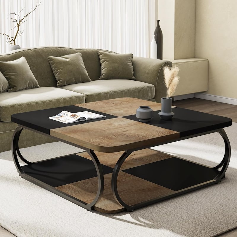 39" Large Square Wood Coffee Table, 2 Tier Tea Table with Storage Shelf, Center Table for Living Room & Home Office