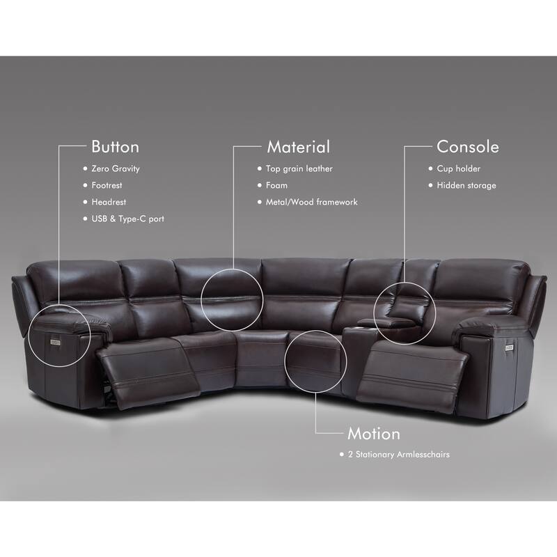 6PCS, 2 power Recliners, Dual-Power Genuine Leather Reclining Sectional with USB&Type-C Ports