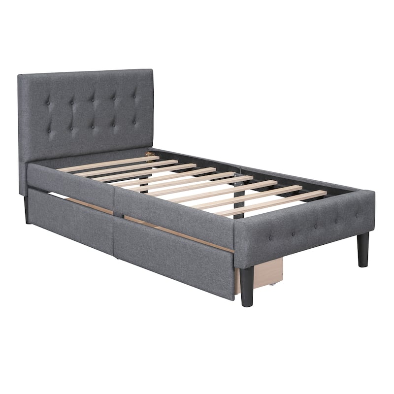Grey Upholstered Twin Platform Bed with Button Tufted Headboard and Storage Drawers
