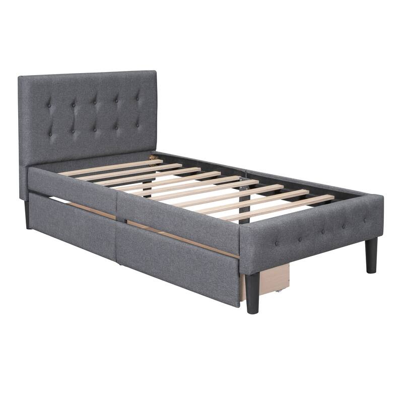 Upholstered Twin Platform Bed with Storage Drawers and Button Tufted Headboard