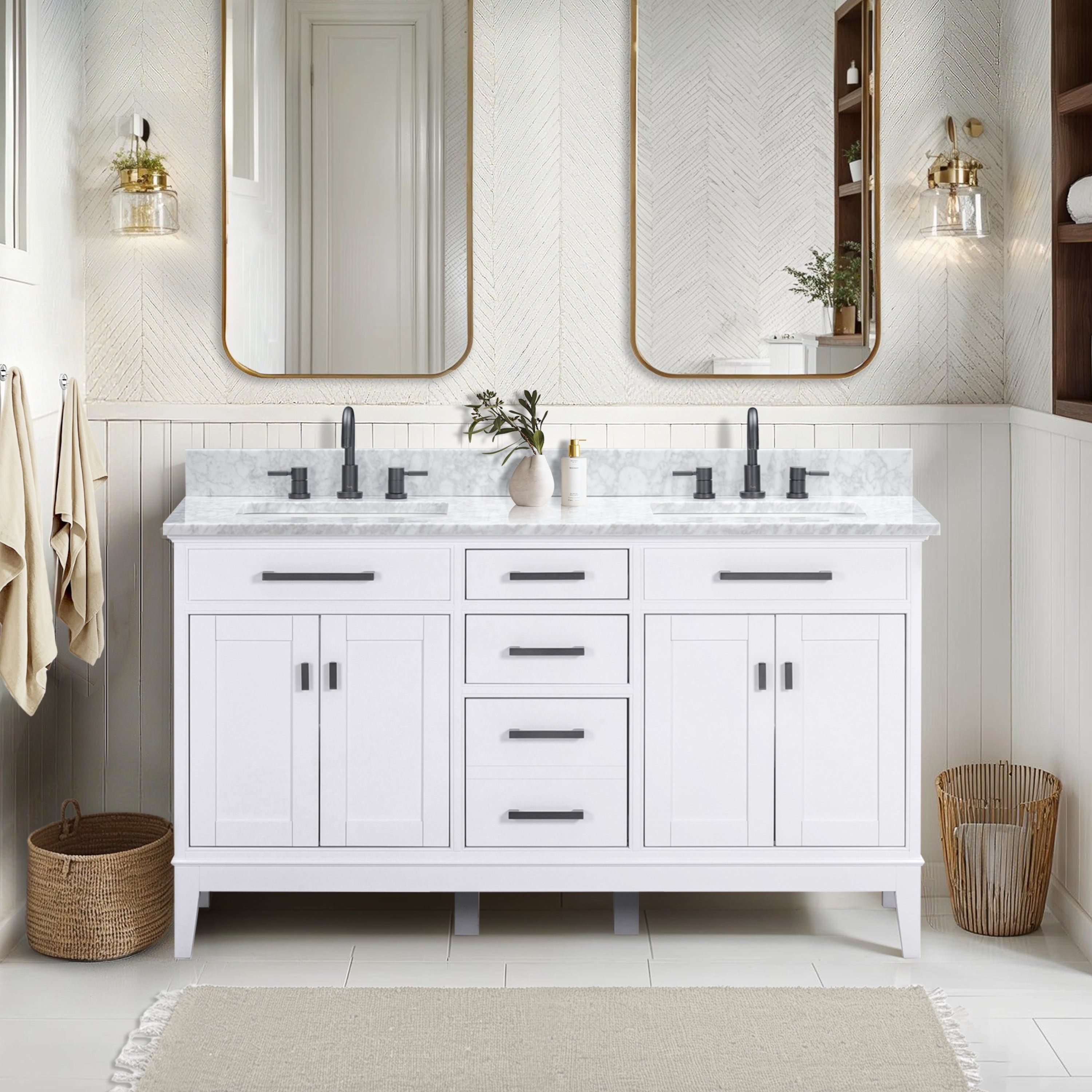 Madison 60 in. Double Sink Bathroom Vanity in White with Marble Top - 61"W x 22"D