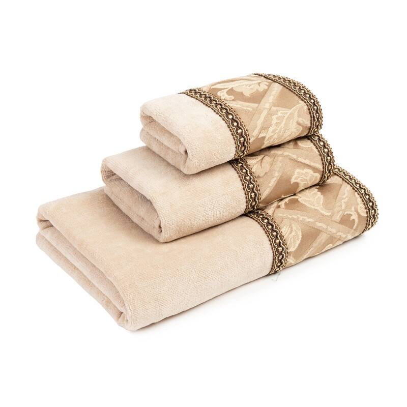 Sherry Kline Prescott Brown 3-piece Decorative Towel Set, Jacquard Fabric Band, double row of gimp braid 1 Bath Hand & Tip Towel