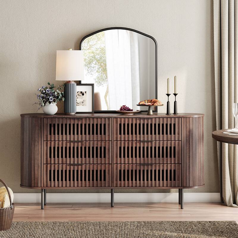 WAMPAT Fluted 6 Drawers Dresser,63" Wide Chest of Drawer - Walnut