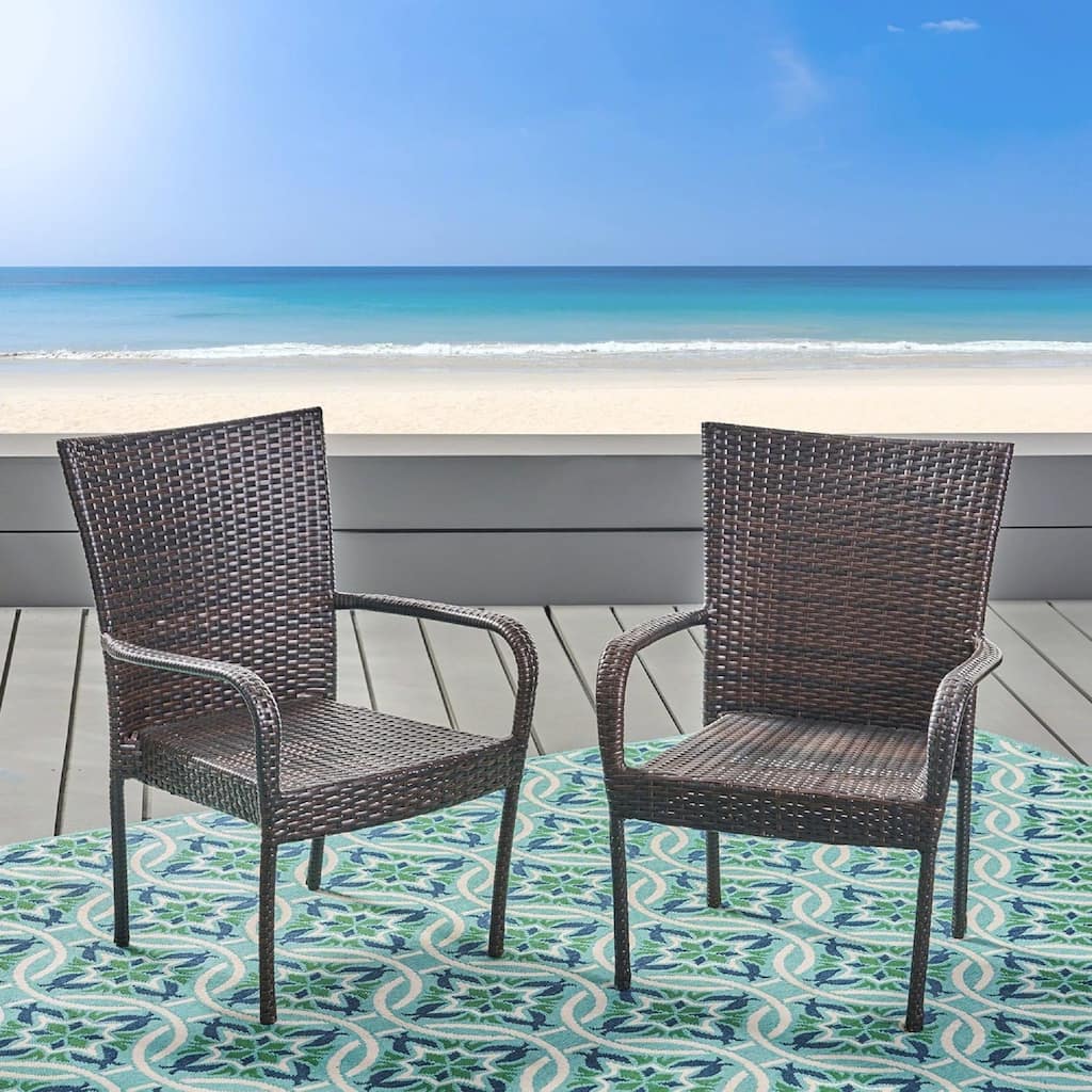Roomfitters Outdoor Wicker Stacking Chairs, Transitional PE Rattan with Curved Armrests