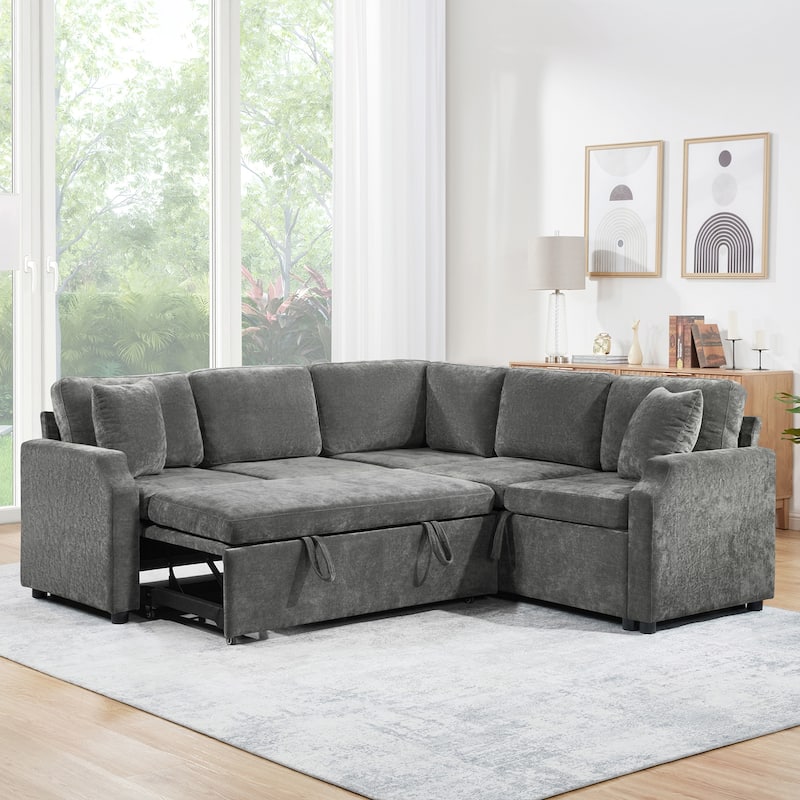 82" L-Shaped Sleeper Sectional - Upholstered Sofa with Hidden Storage Compartment - Grey