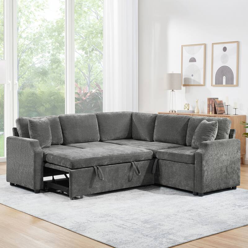 L-Shaped Sectional Upholstered Sleeper Sofa Convertible Pull-out Sofa Bed with Hidden Storage Space, Chenille Fabric